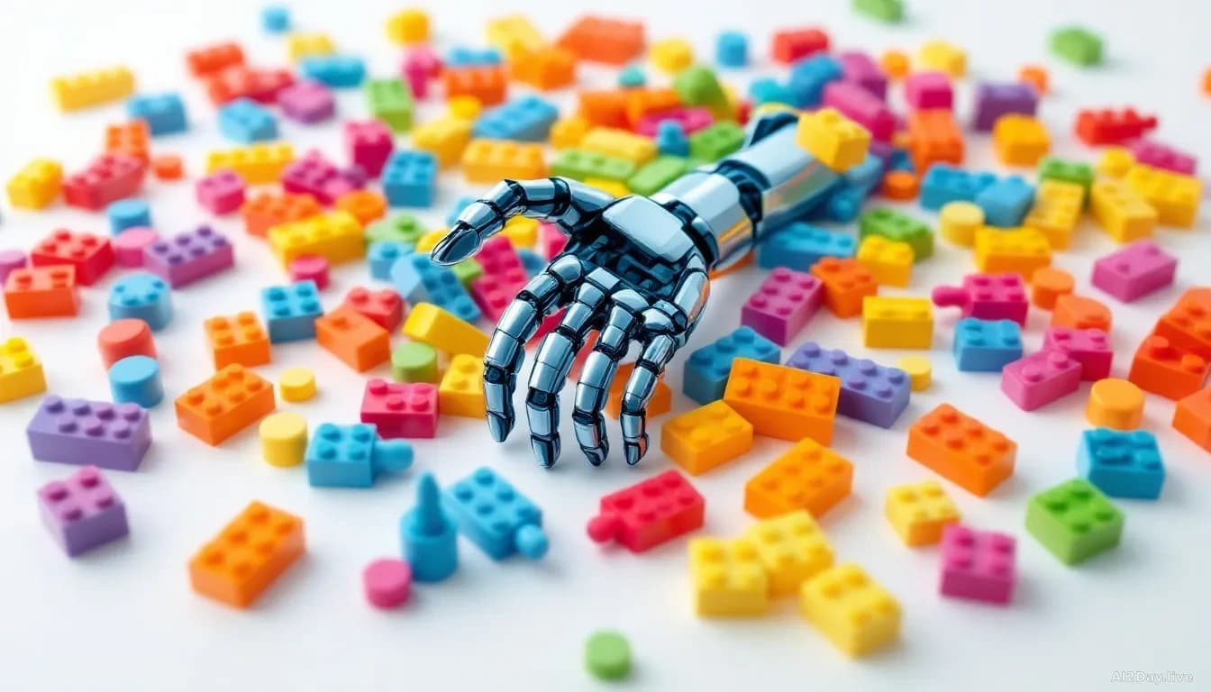 Illustration: dozens of brightly coloured interlocking plastic building blocks scattered across a clean white surface