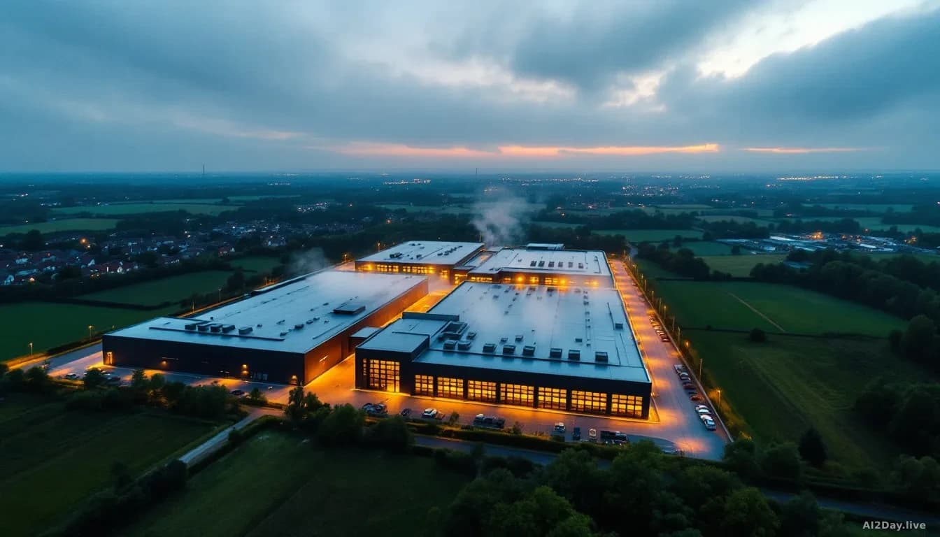 Illustration: a large modern data centre complex on the outskirts of a European city, shot at dusk