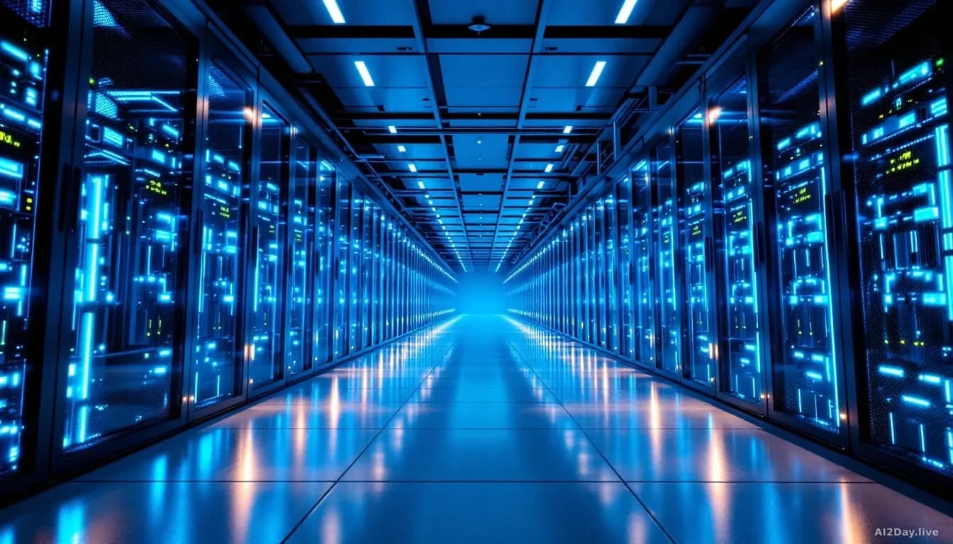 Illustration: A vast server room photographed from floor level looking upward