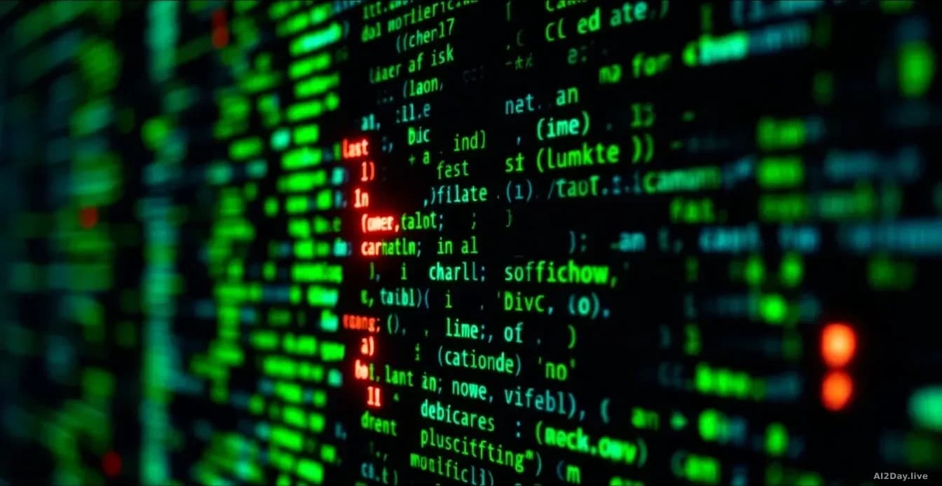 Illustration: dense lines of green and white code scrolling across a dark monitor screen