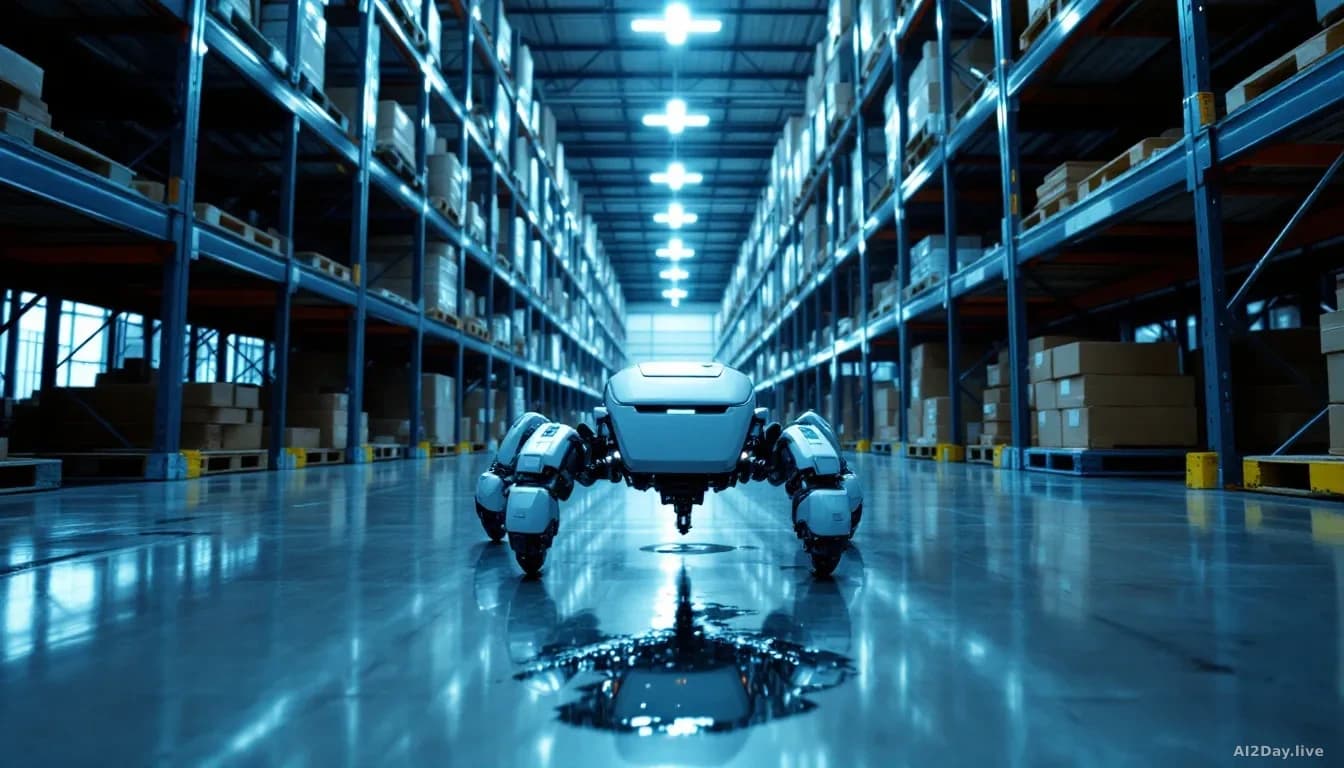 Illustration: A modern industrial warehouse interior photographed from floor level