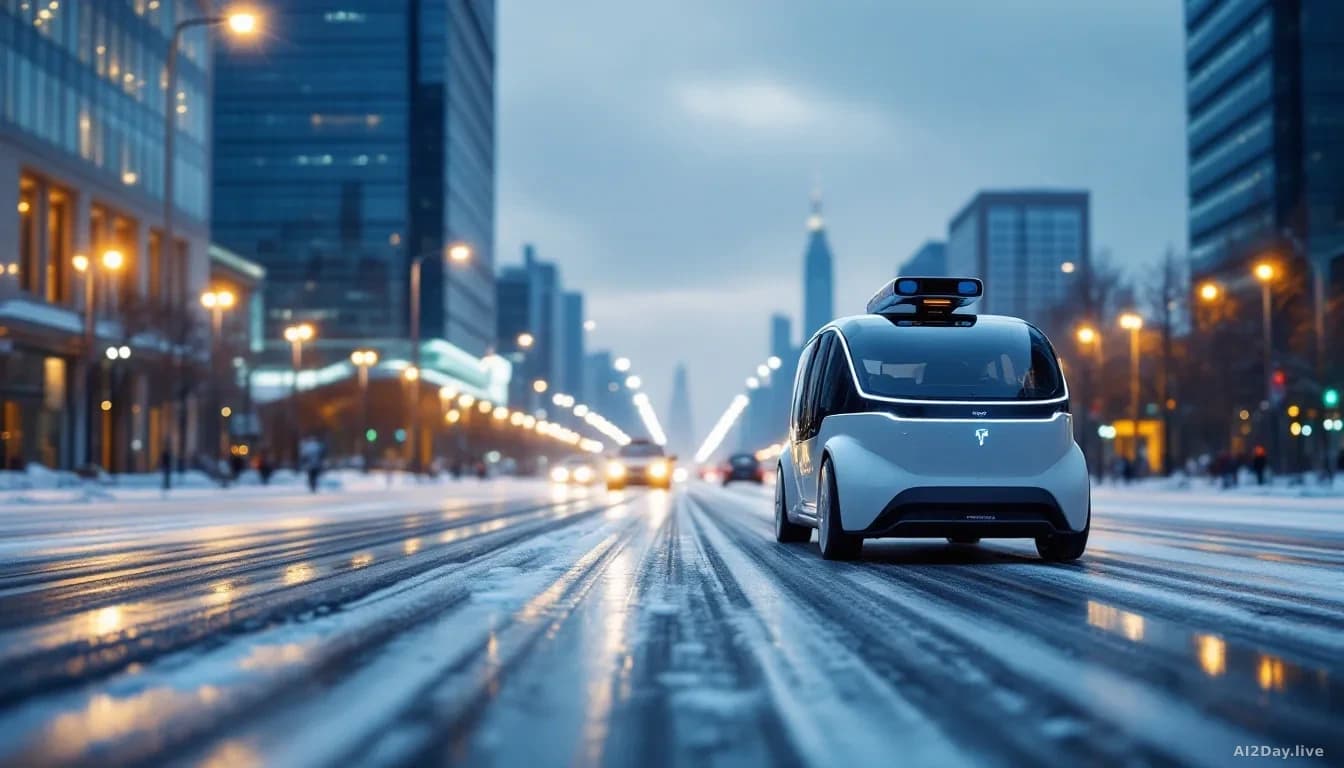 Illustration: A modern autonomous electric vehicle driving on a wide snowy boulevard in a Central Asian capital city at dusk