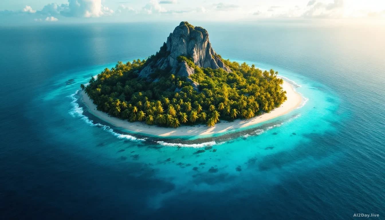 Illustration: a lush tropical desert island surrounded by deep blue ocean