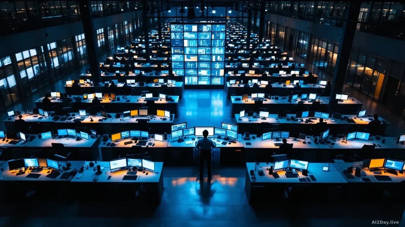 Illustration: A wide open-plan office at dusk, most desks empty and glowing with monitor light