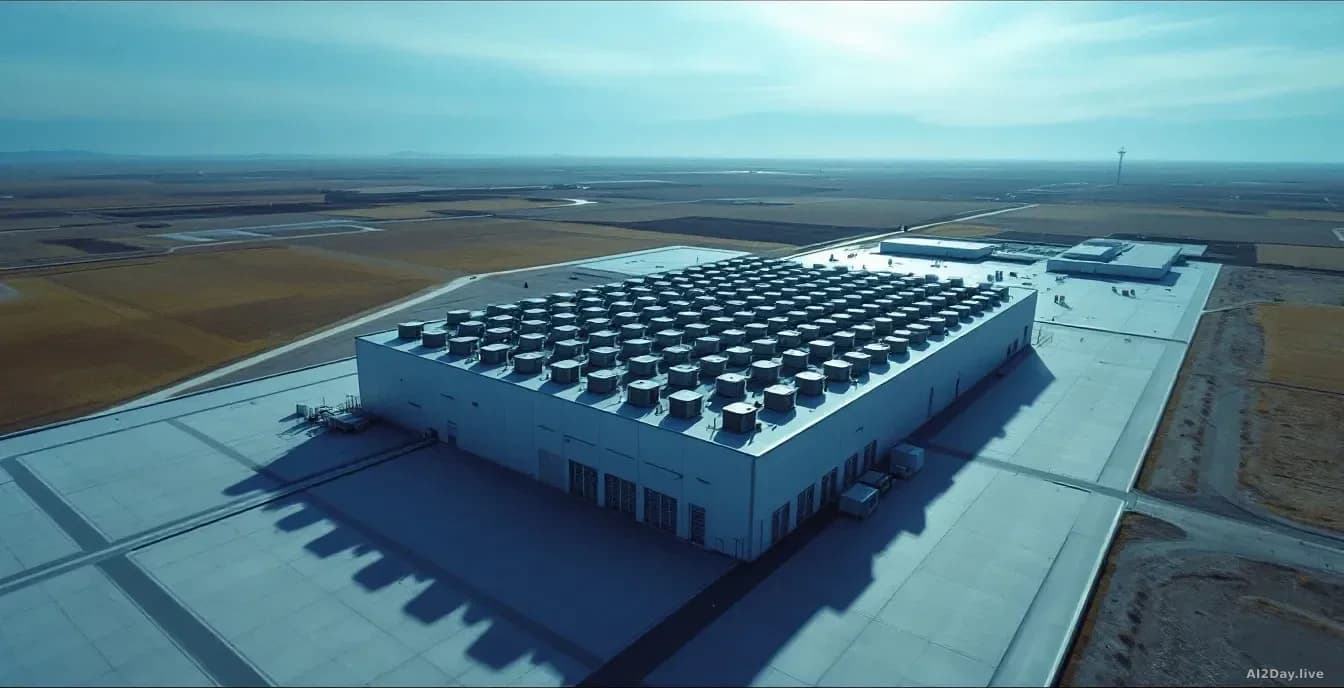 Illustration: a large modern data centre complex on a flat steppe landscape under a pale blue sky