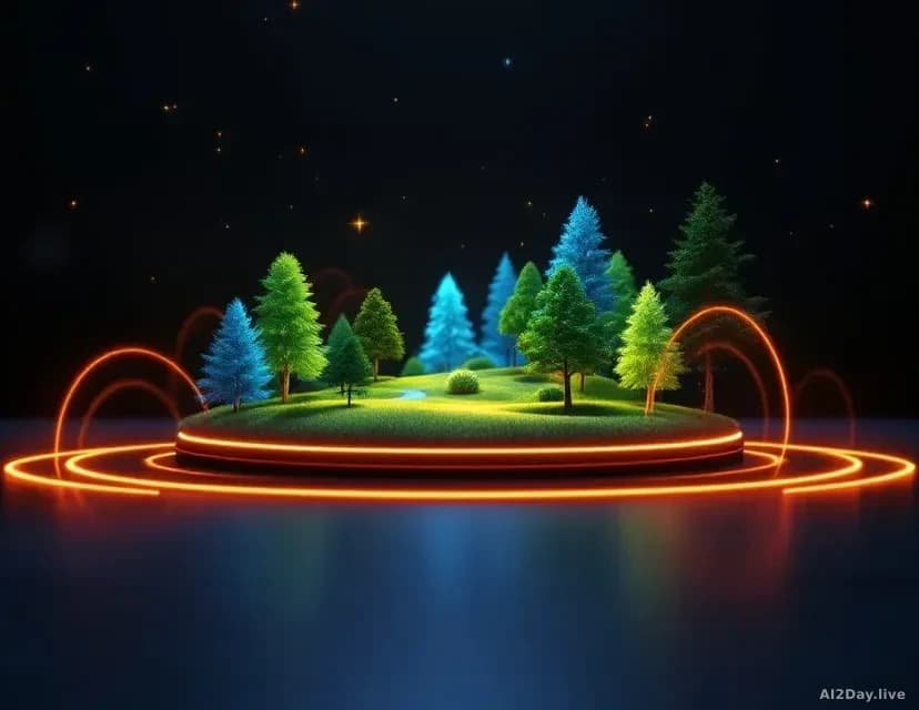 Illustration: a glowing holographic landscape rising from a flat tabletop