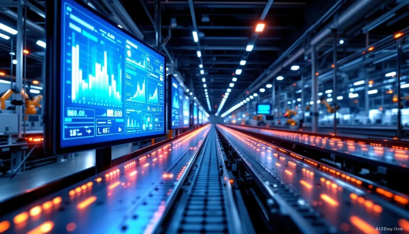 Illustration: A wide factory production line photographed from floor level