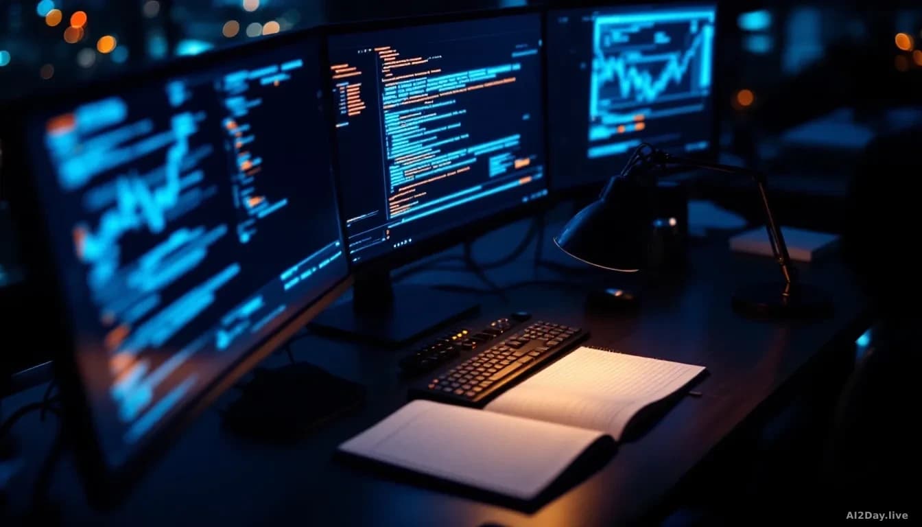 Illustration: a dark security operations desk at night