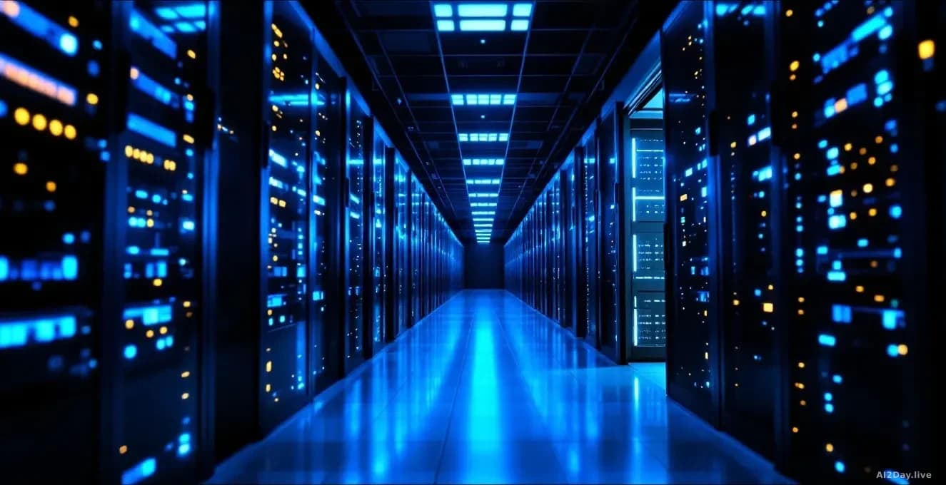 Illustration: A wide server room corridor shot from floor level, bathed in cool blue light
