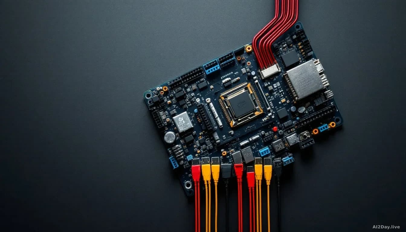 Illustration: a modular circuit board with clearly distinct, colour-coded plug-in components slotting into a central grid