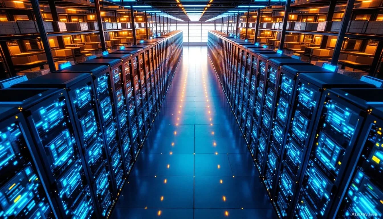 Illustration: Aerial view looking straight down at a vast server room with neat rows of glowing blue and white rack units