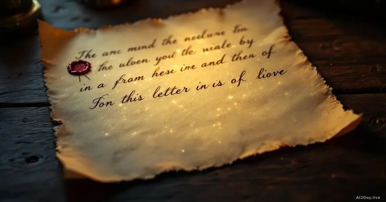 Illustration: A glowing golden handwritten letter on aged parchment paper lying flat on a dark wooden desk