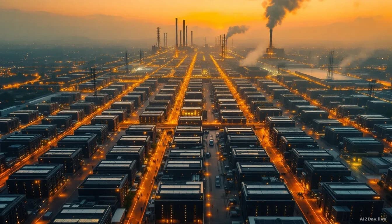 Illustration: a vast industrial data center campus at dusk