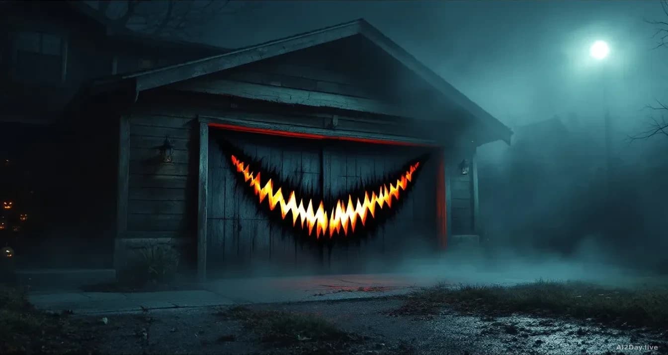 Illustration: A weathered wooden garage door at night, split into jagged lips like a monstrous grinning mouth