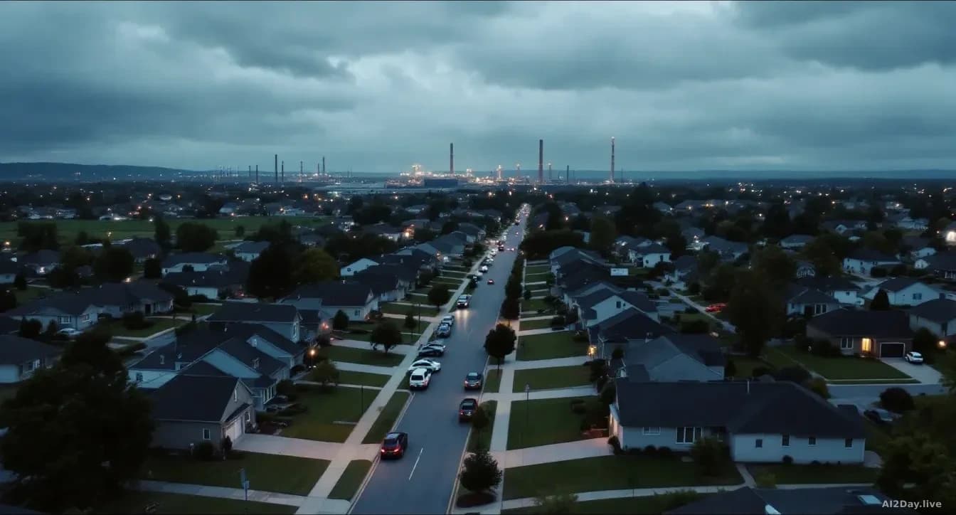 Illustration: a quiet suburban American neighborhood at dusk, modest single-story houses with green lawns