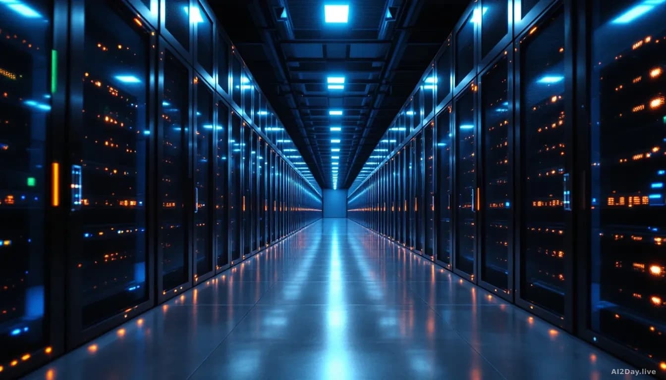 Illustration: A vast, brightly lit data centre interior with rows of identical server racks receding into the distance