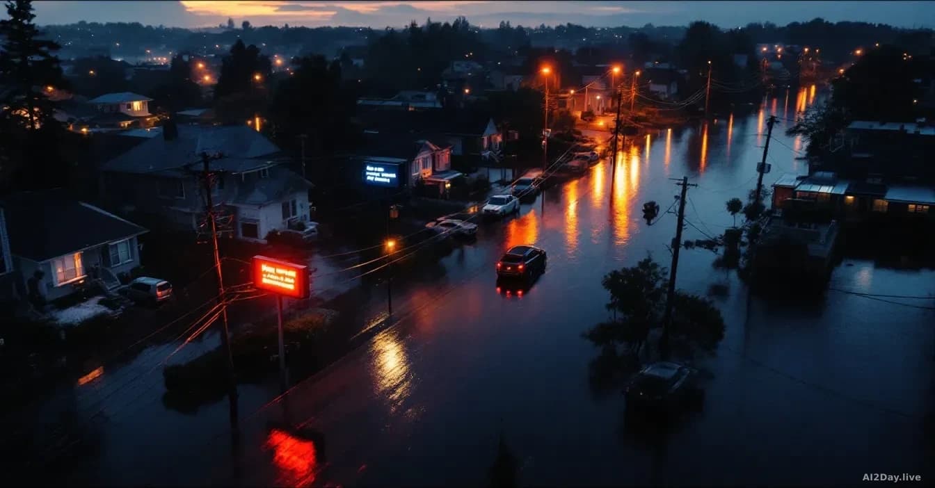 Illustration: a flooded residential street at dusk, amber emergency lights reflecting off dark water