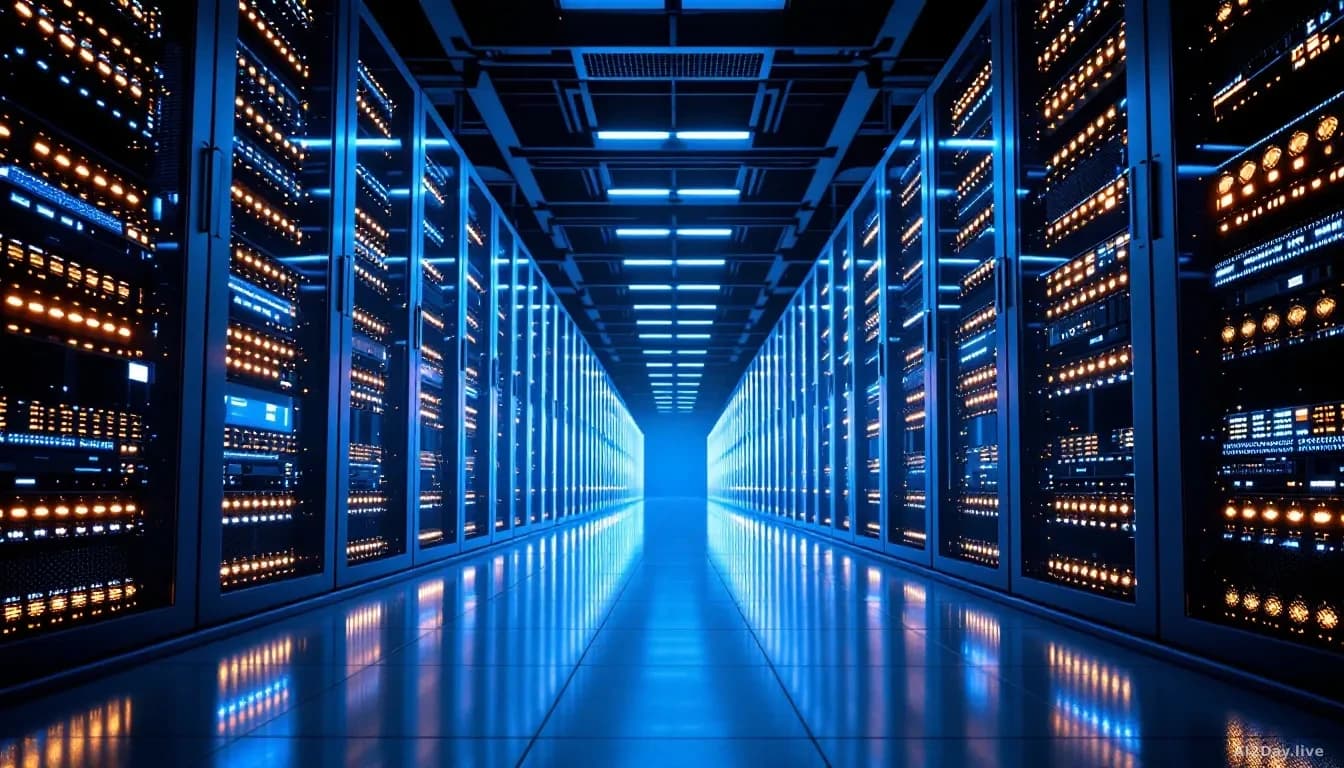 Illustration: A vast modern data centre interior shot from floor level looking up at towering rows of illuminated server