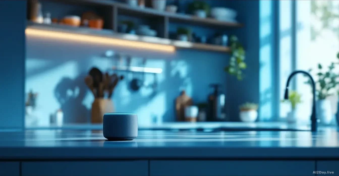 A bright modern kitchen with a small smart speaker on the counter