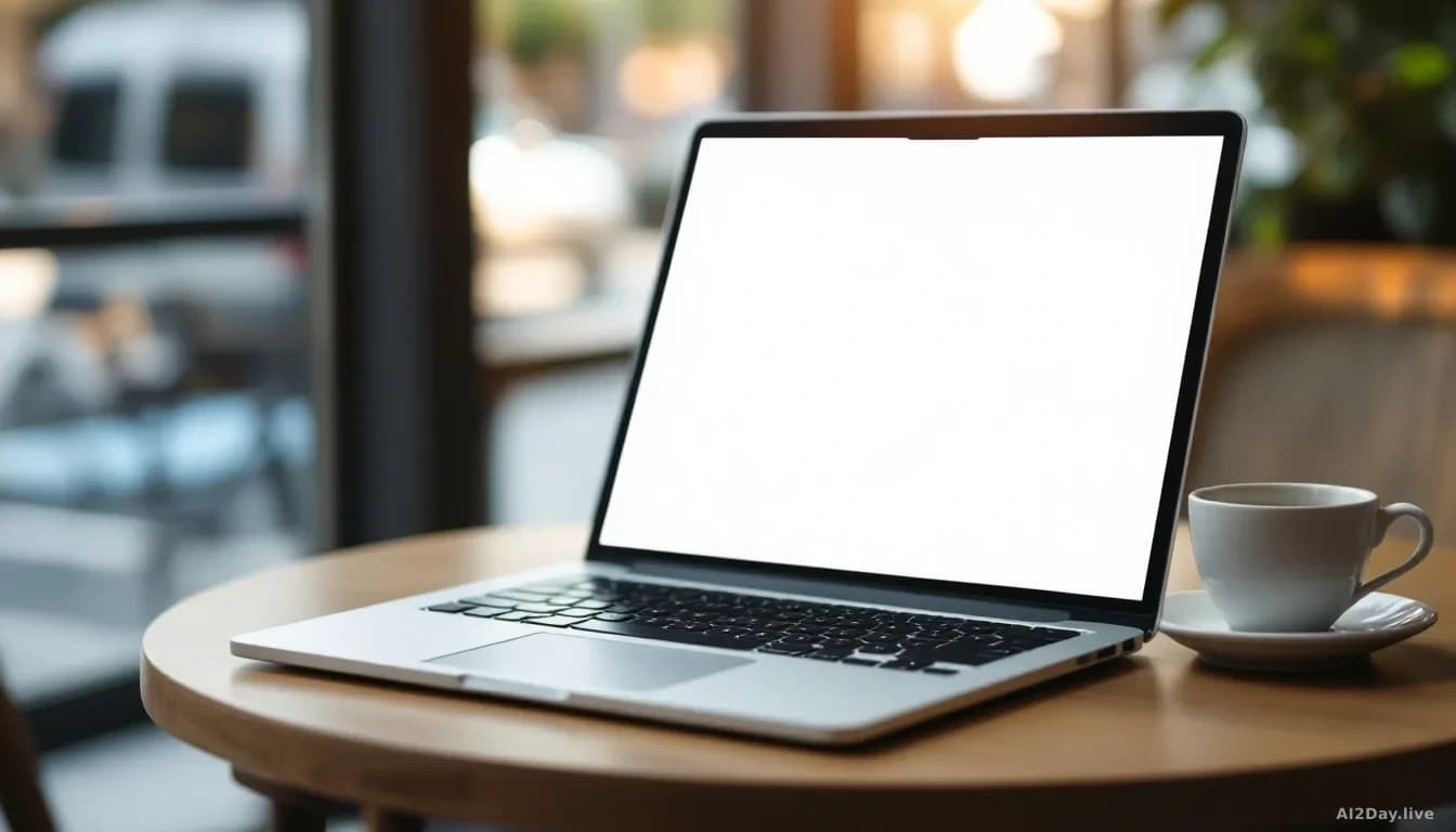 An open laptop on a cafe table beside a coffee cup