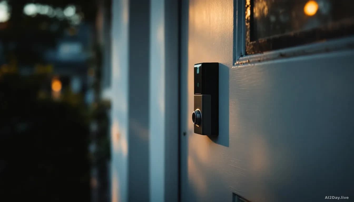 A suburban front door with a small connected doorbell