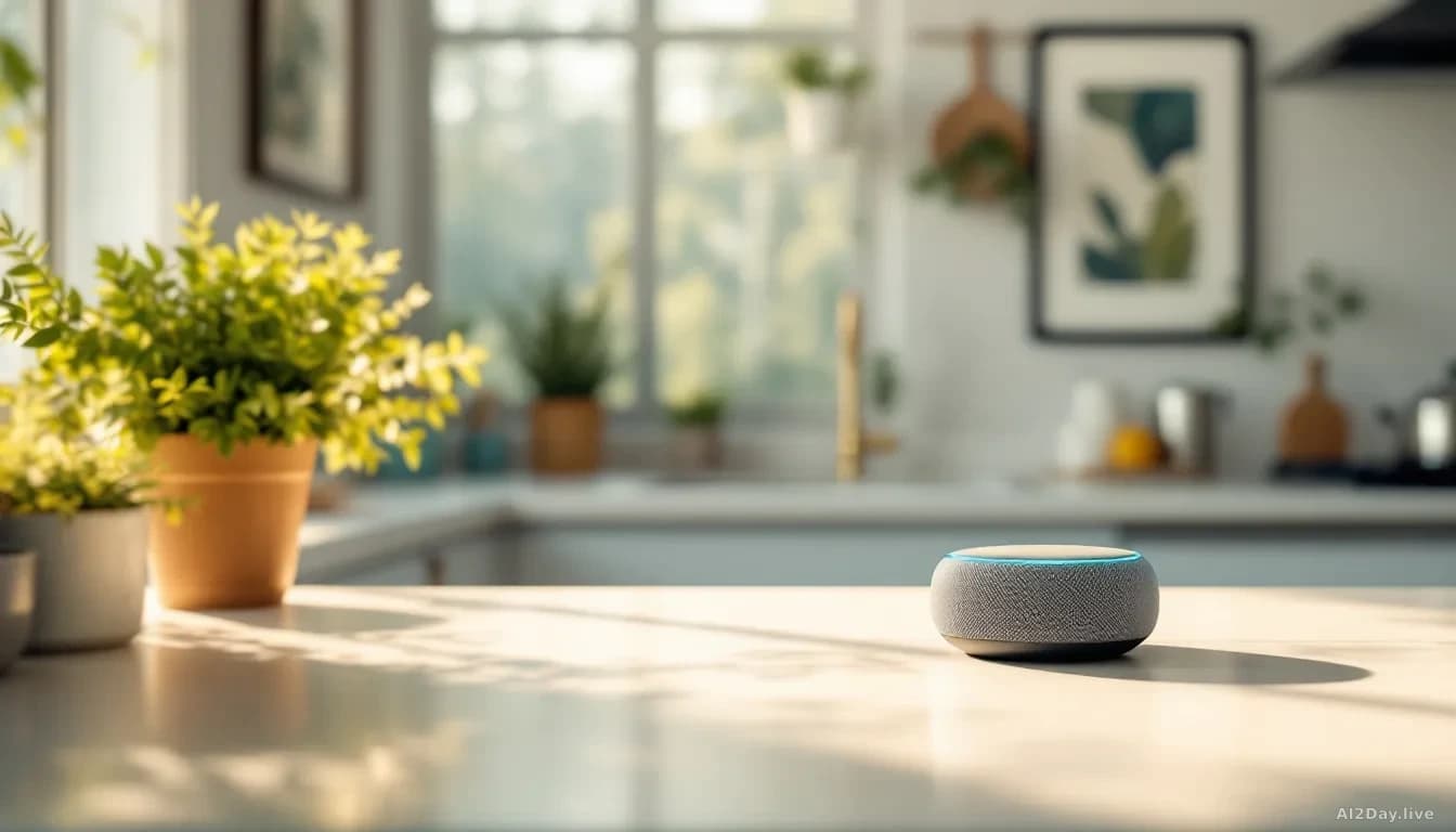 A bright modern kitchen with a small smart speaker on the counter