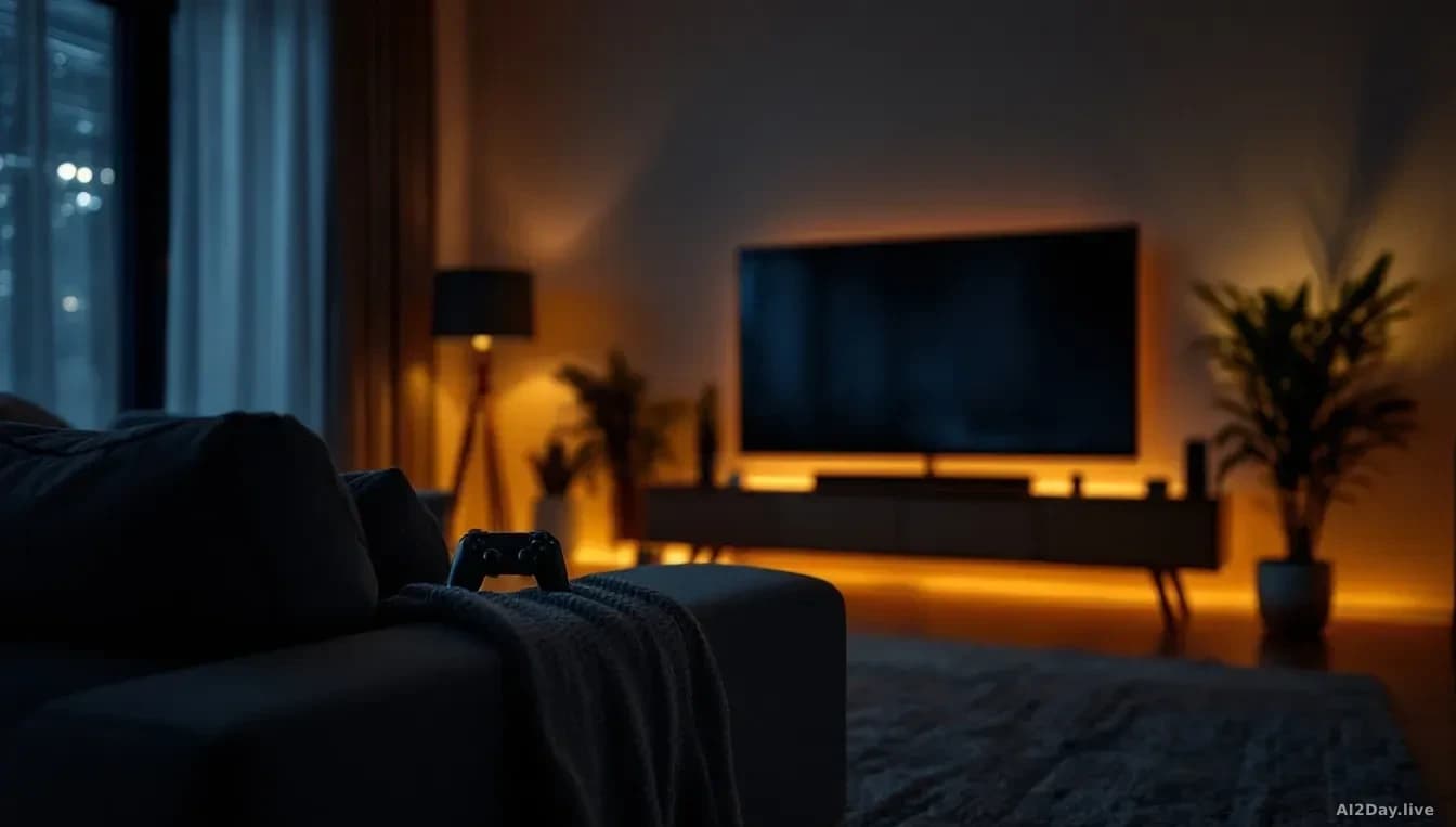 A modern living room at night lit only by a large television