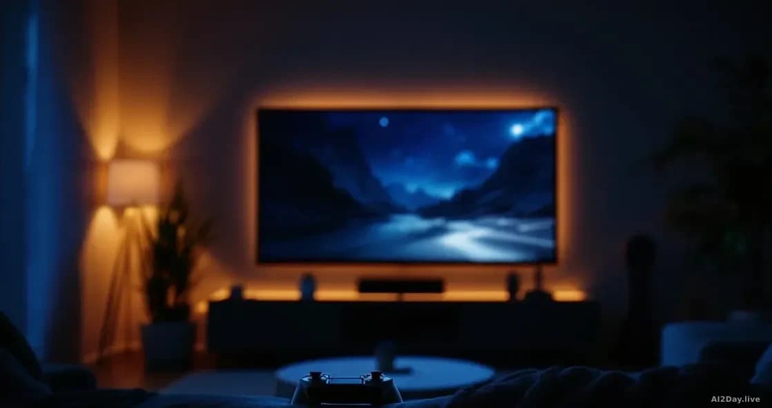 A modern living room at night lit only by a large television