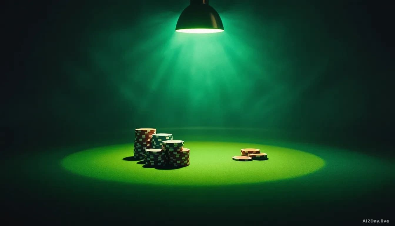 Abstract overhead of a card table in green felt with neatly stacked chips under a single warm spotlight