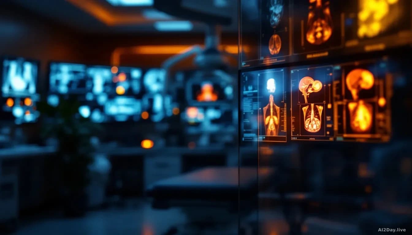 Medical imaging displays glowing in a darkened radiology room