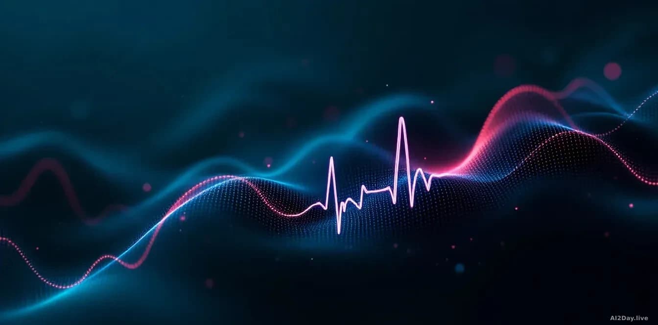 Abstract visualisation of a heartbeat trace drifting across deep teal