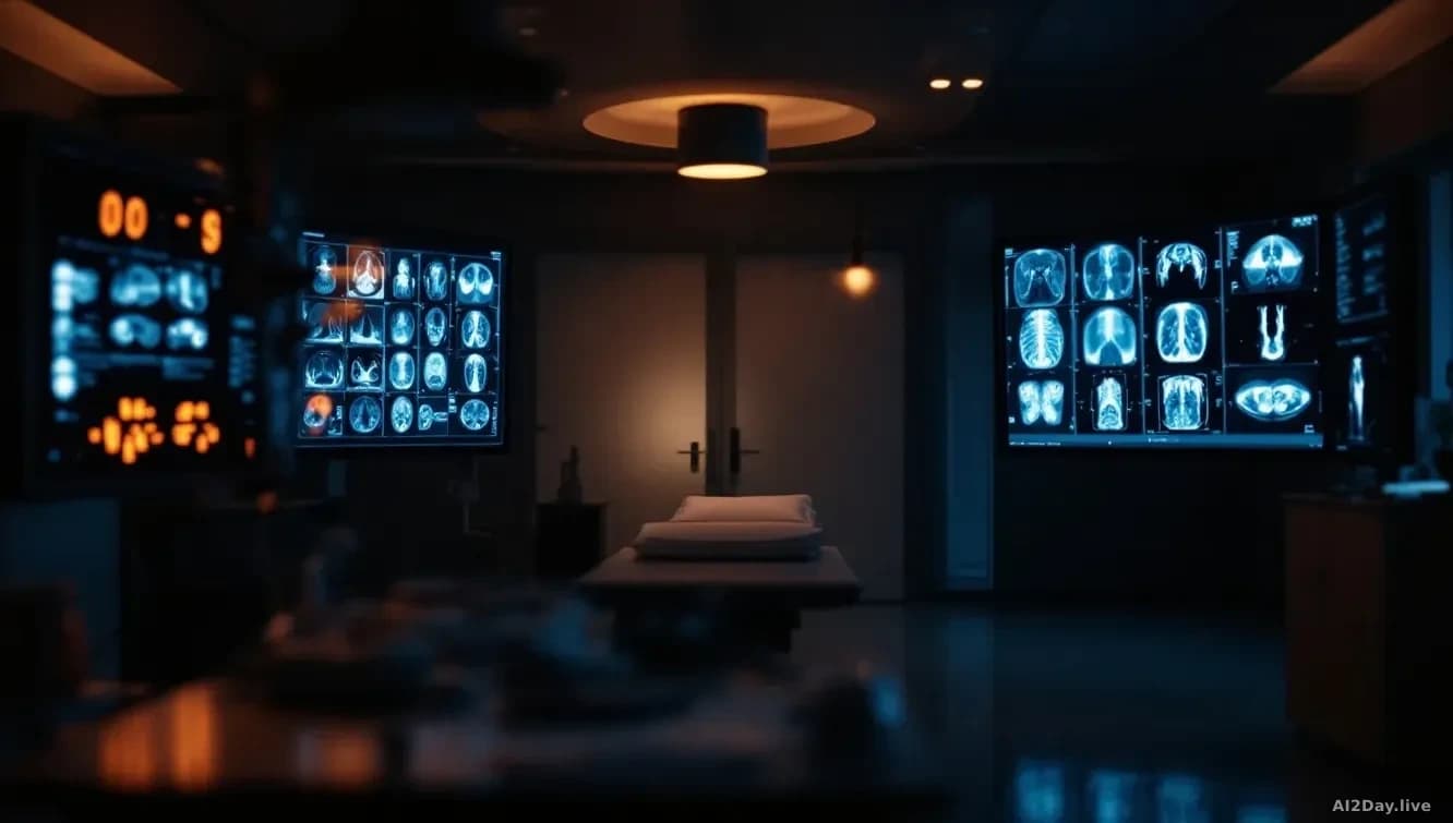 Medical imaging displays glowing in a darkened radiology room