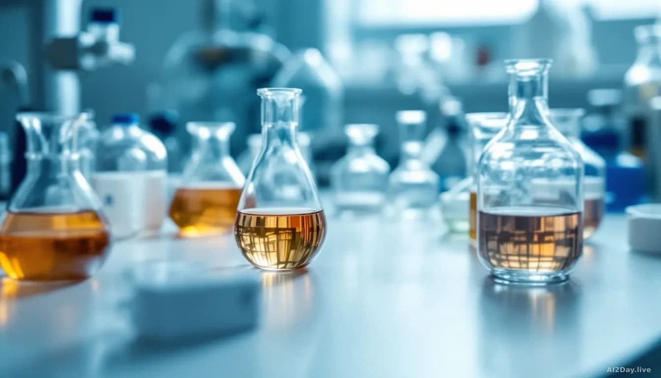 Laboratory glassware on a white bench under cool daylight