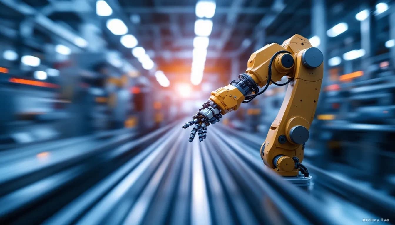 Industrial robotic arm in a bright factory