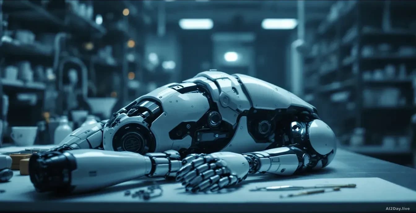 A humanoid robot torso resting on a workbench in a research lab