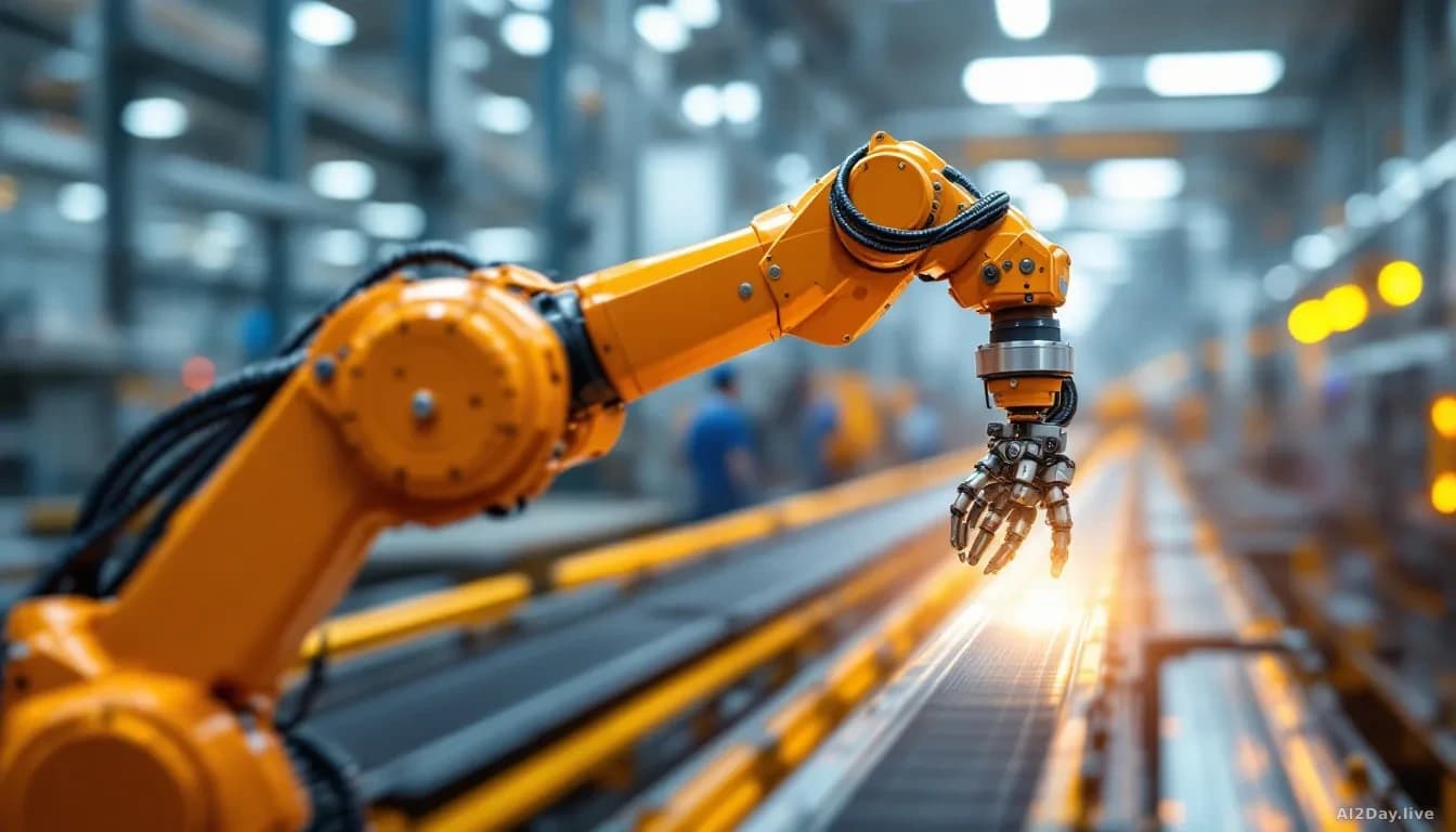 Industrial robotic arm in a bright factory