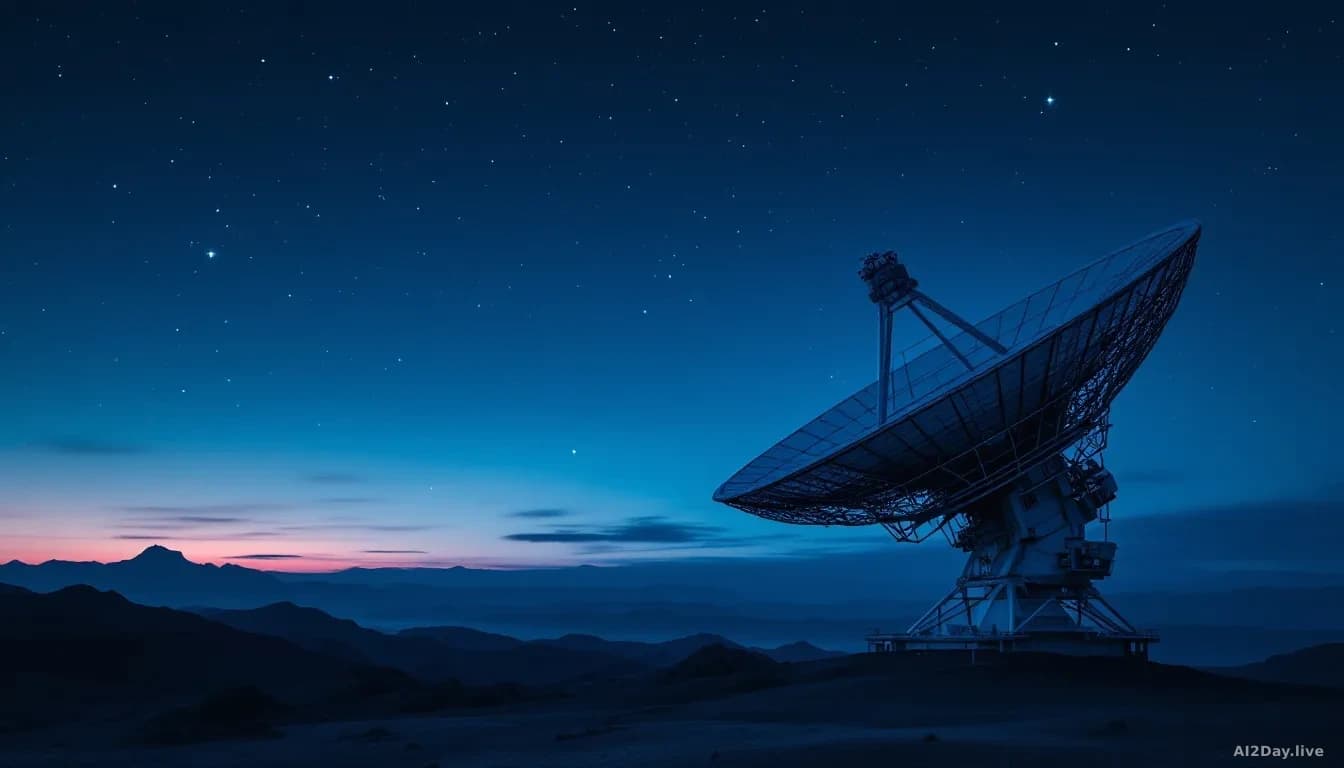 Radio telescope dish against a deep twilight sky with the first stars emerging