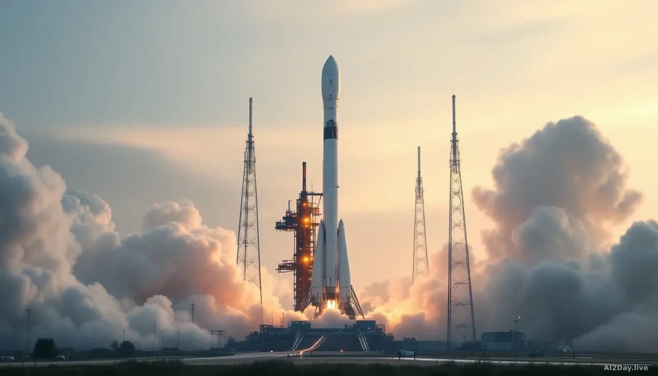 A rocket on its launch pad before dawn