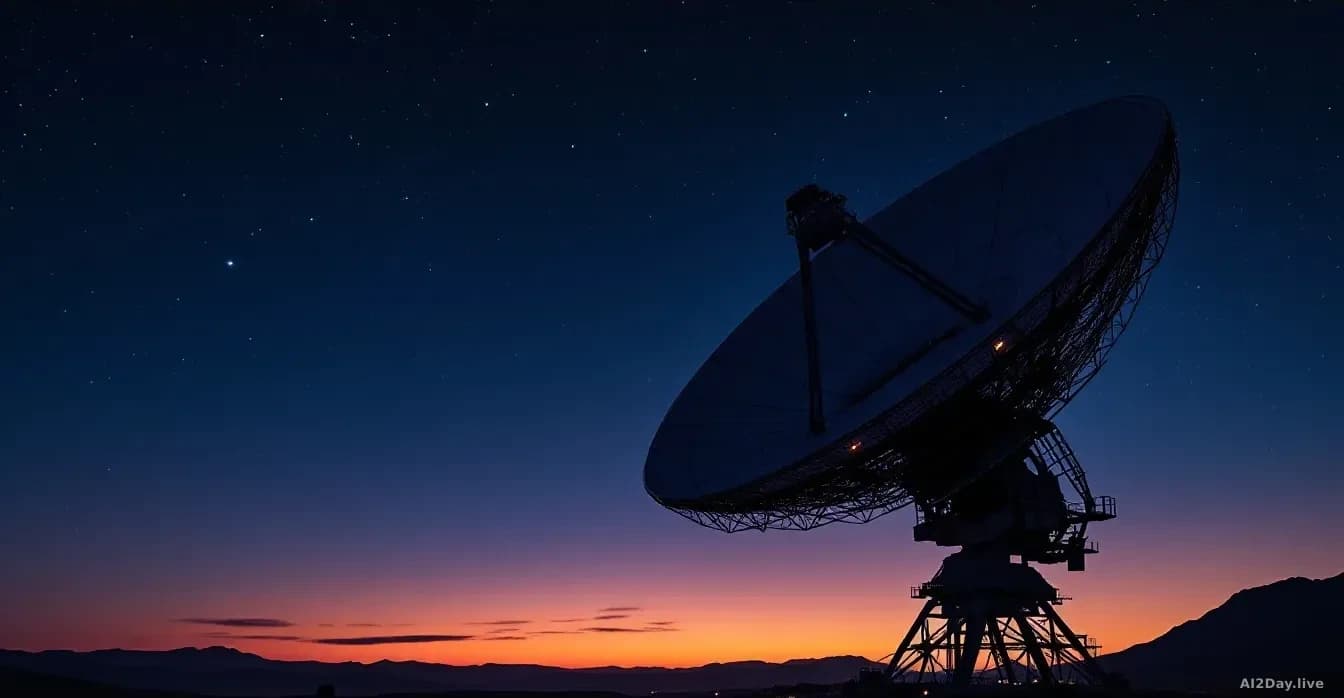 Radio telescope dish against a deep twilight sky with the first stars emerging