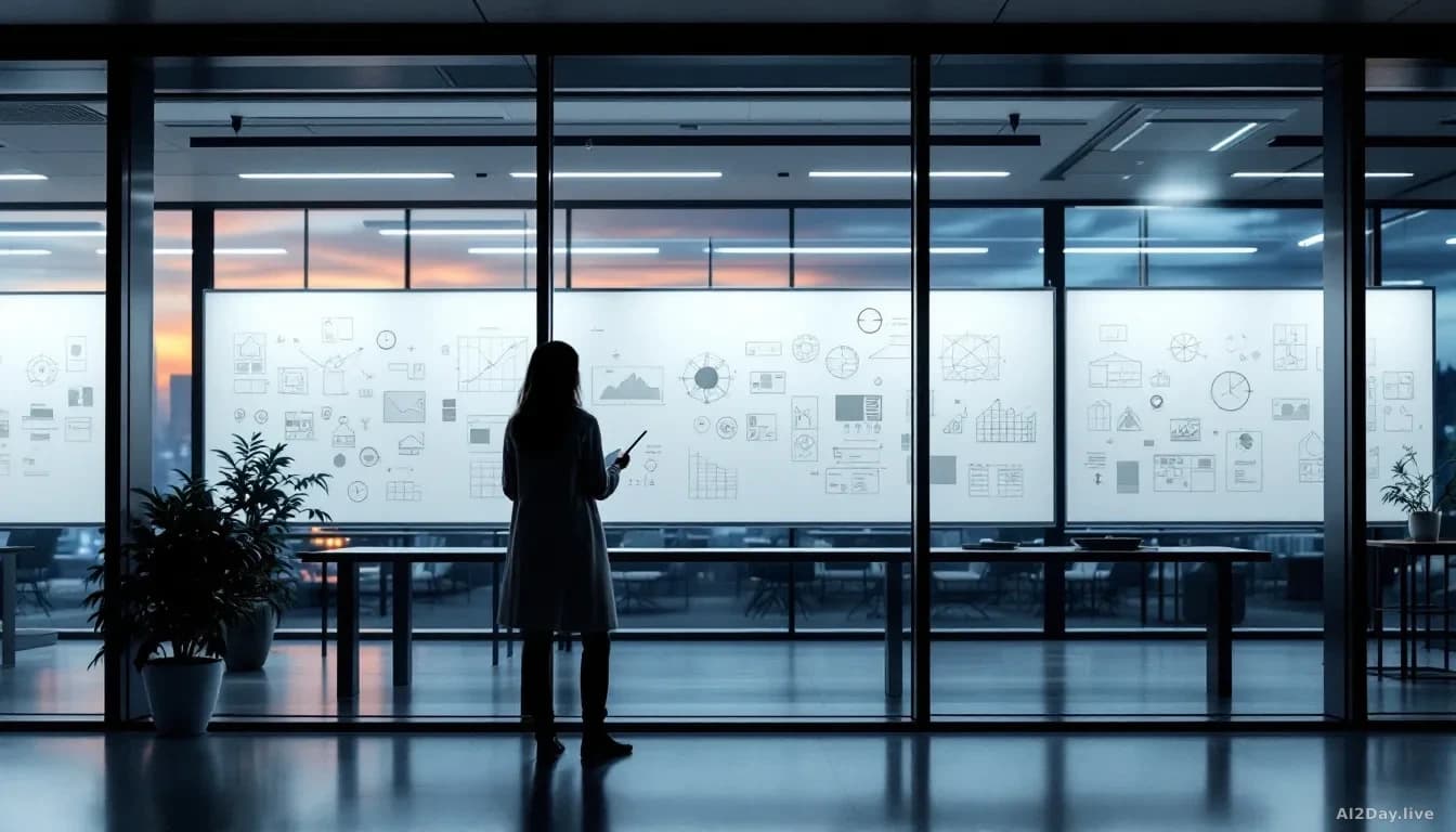 A glass-walled research office at dusk