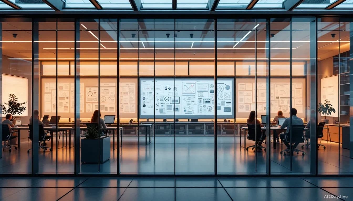 A glass-walled research office at dusk