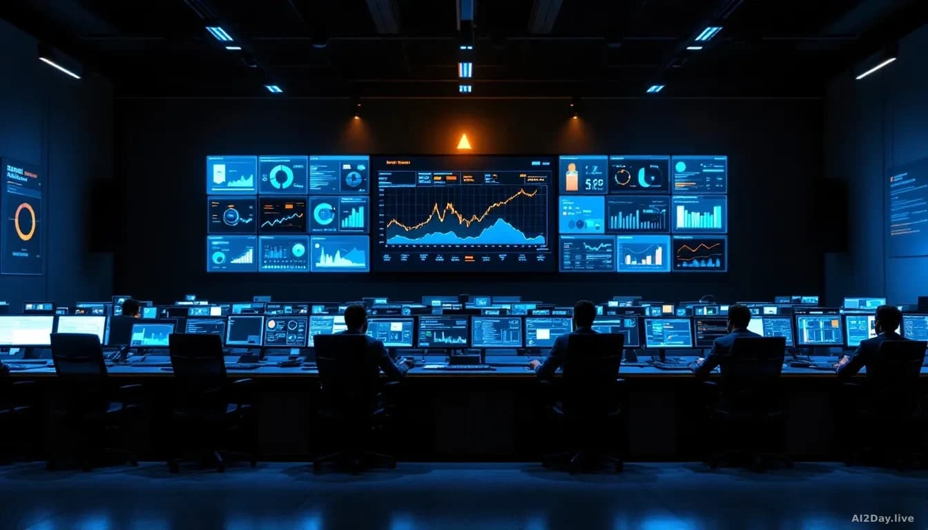 A large, dimly lit modern office operations centre at night, rows of monitors displaying charts, alert dashboards and data feeds, empty swivel chairs facing the