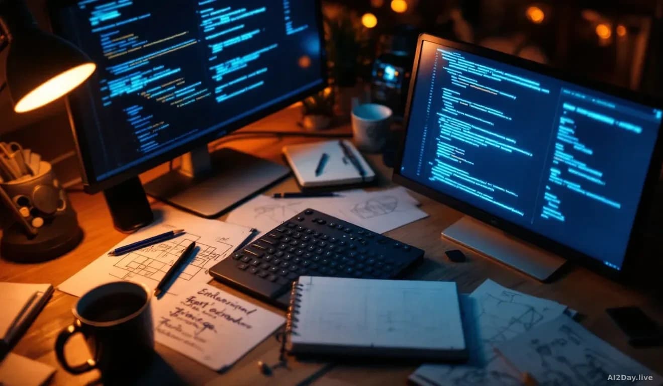 Full-frame overhead photoreal shot of a cluttered security researcher's desk at night, glowing monitor showing abstract code and highlighted lines, a paper note