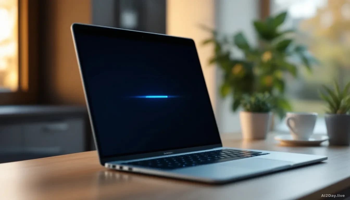 Full-frame photoreal image of a modern laptop on a plain desk, screen showing a generic blue software update progress bar without any brand marks or text, warm 