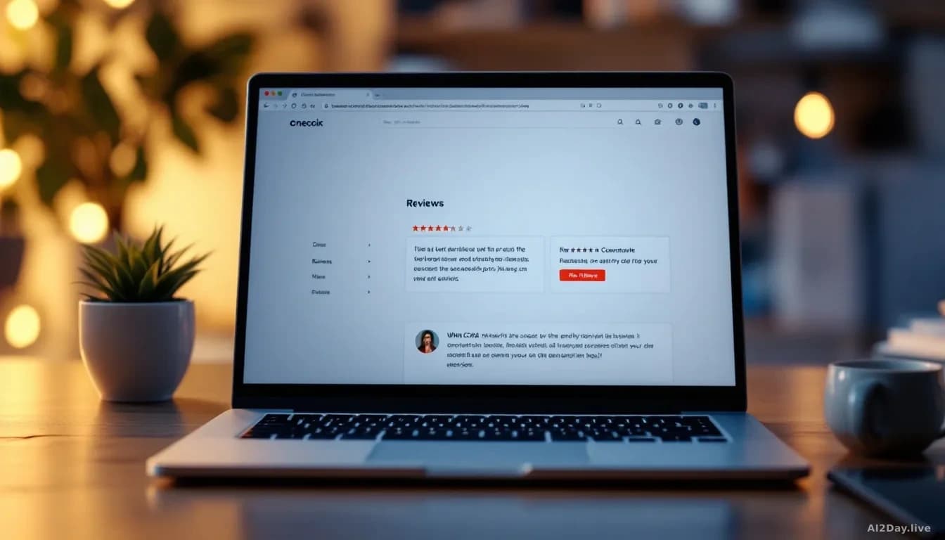 Full-frame photoreal editorial shot of a laptop screen showing an anonymous online product page with rows of star ratings and review boxes, one review subtly hi