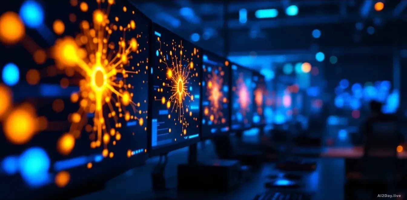 Full-frame photoreal editorial image of a dark modern security operations centre at night, rows of monitors glowing with abstract identity graphs and network no