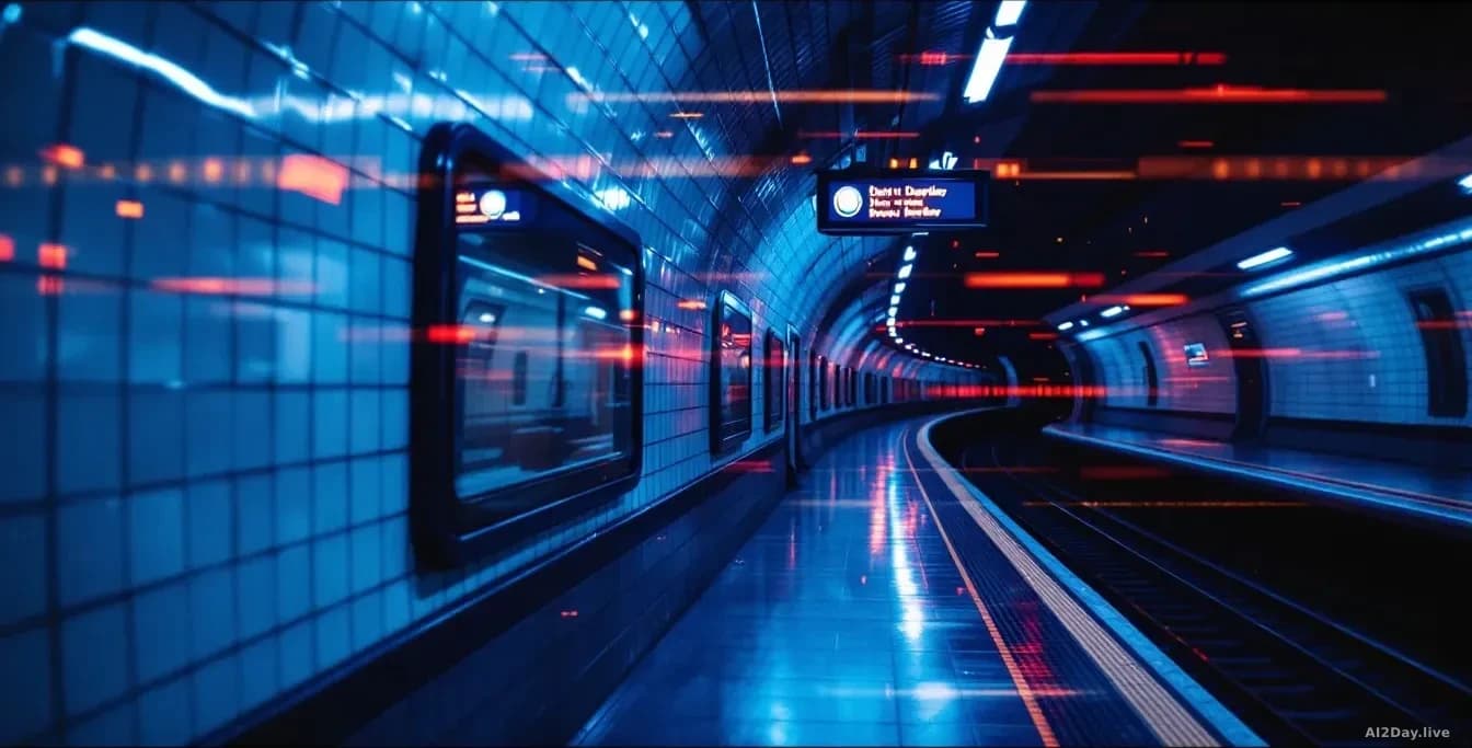 Full-frame photoreal editorial image of an empty London Underground platform at night, tiled walls, a stationary red-striped train with doors open, moody blue a