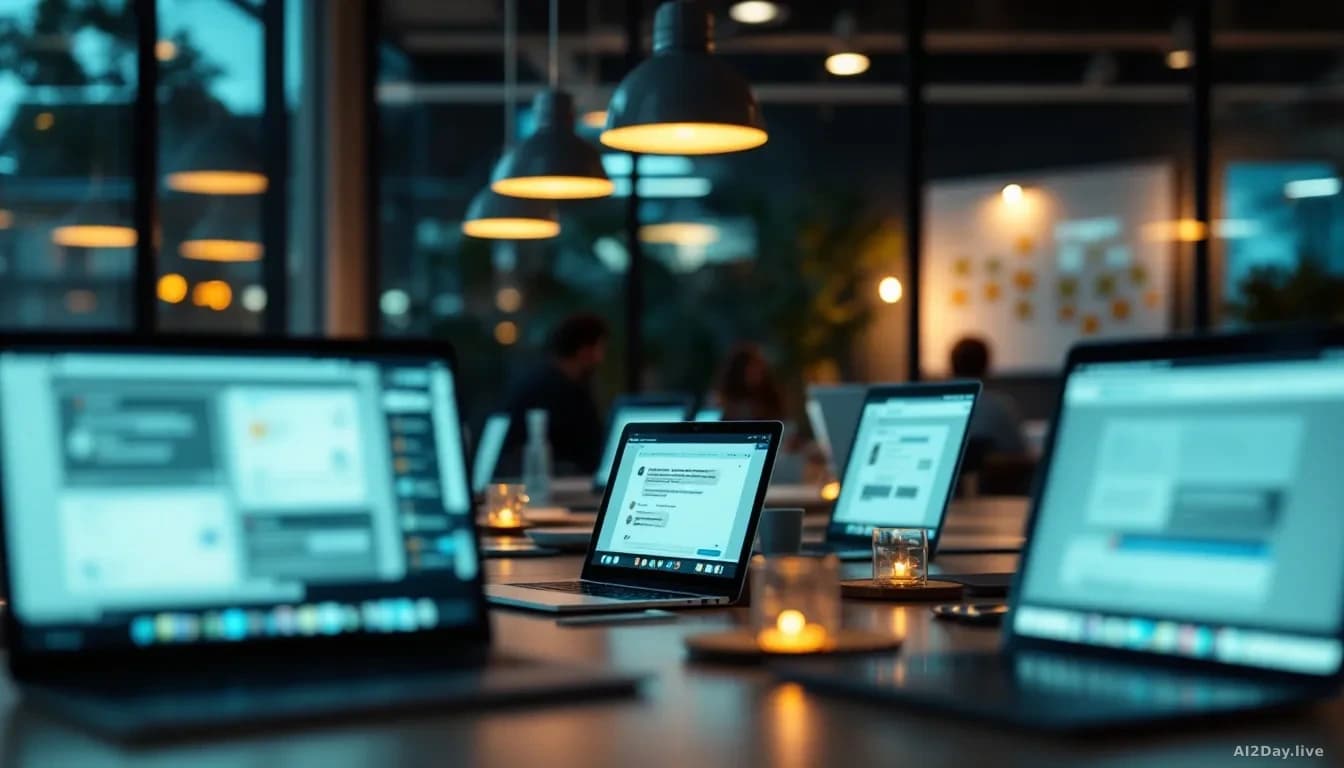 Full-frame photoreal editorial shot of a modern open-plan office at dusk, warm desk lamps glowing, several laptop screens showing generic chat interfaces with s