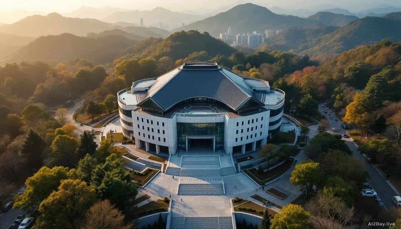 Aerial view of South Korea's National Diplomatic Academy building, showing a modern structure surrounded by trees