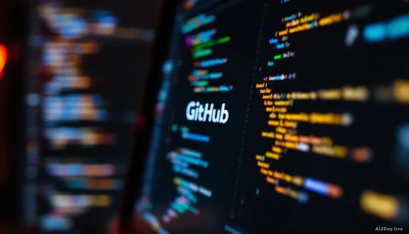 A close-up of a laptop screen displaying GitHub's website, with code in the background, emphasizing a focus on software development